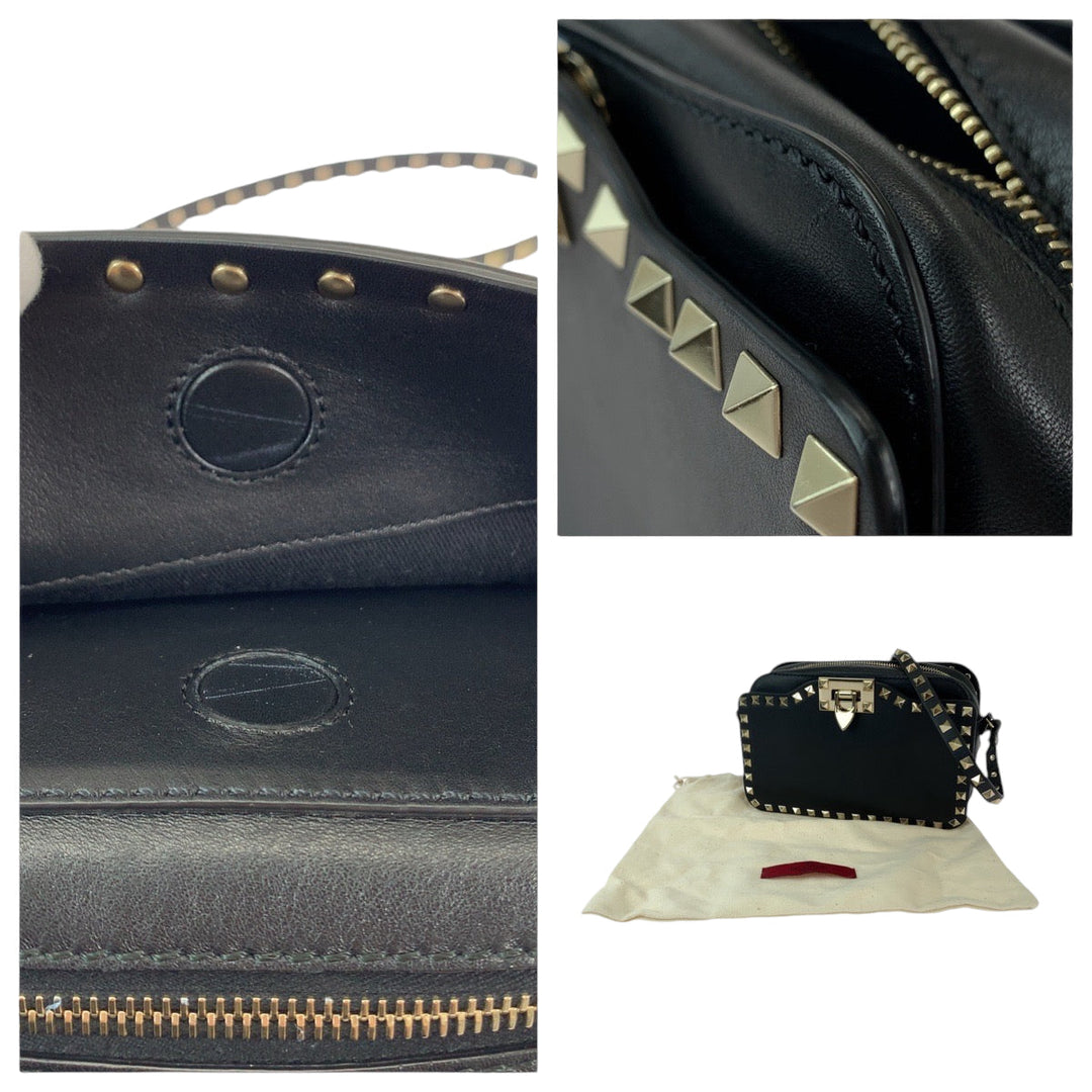 Valentino Shoulder Bag leather Black GoldMetal Shoulder Bag Crossbody Pochette Rock studs Women Used Authentic