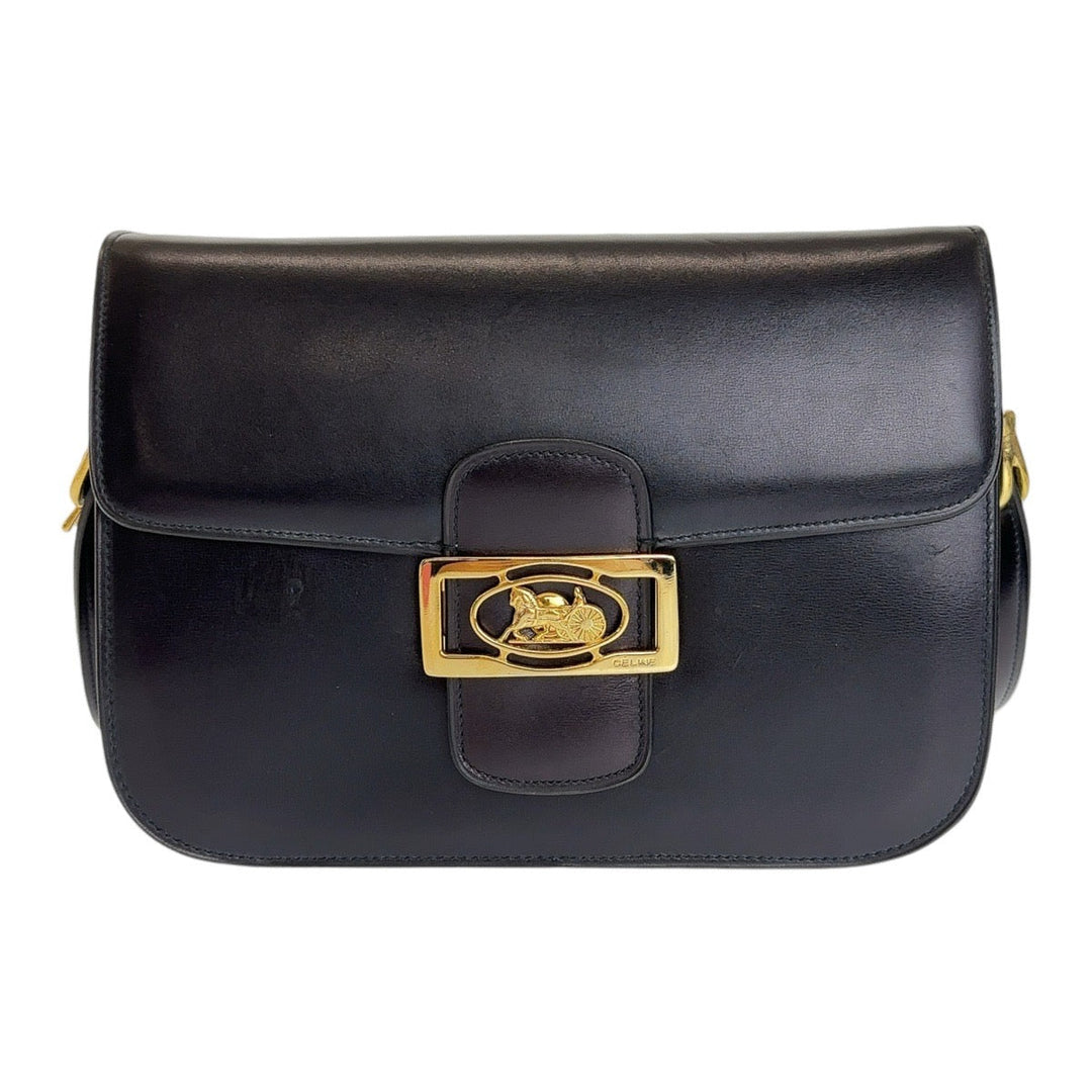 CELINE Shoulder Bag leather Black GoldMetal Shoulder bag Handbag Carriage Metal Horse Carriage Women Used Authentic