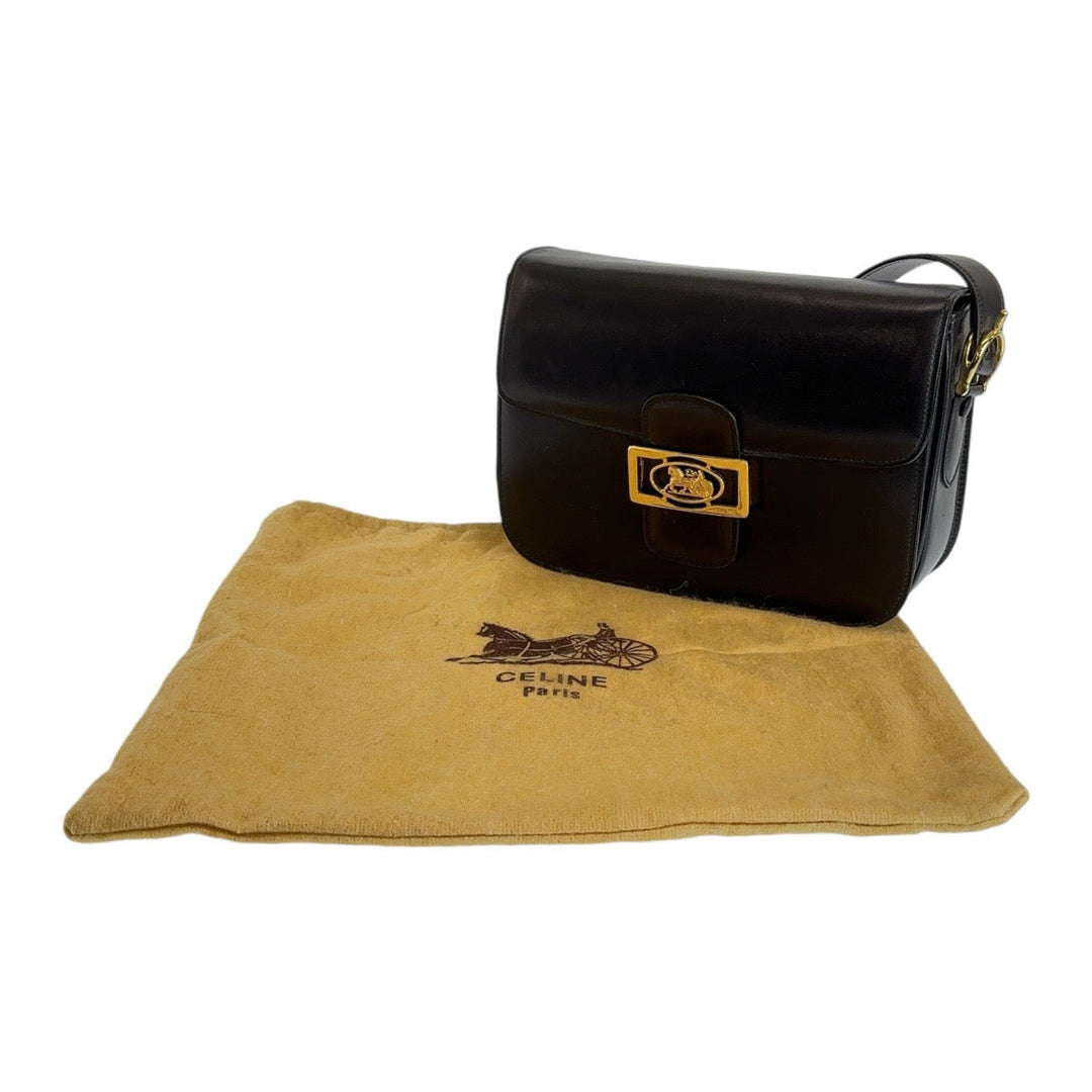 CELINE Shoulder Bag leather Black GoldMetal Shoulder bag Handbag Carriage Metal Horse Carriage Women Used Authentic