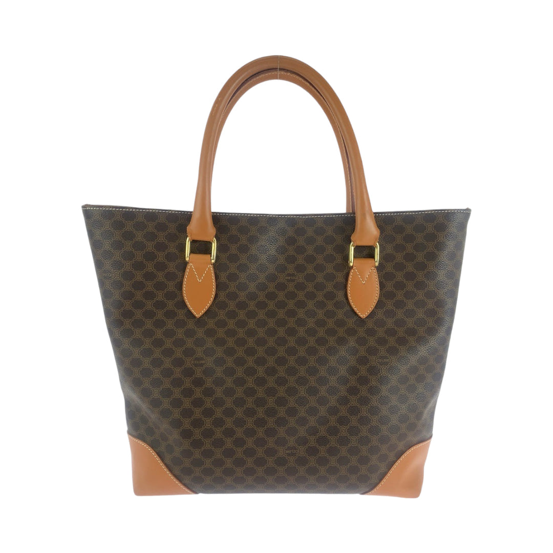 CELINE Tote Bag CE06 2 PVC Brown Gold Metal Tote Bag Shoulder Bag Macadam Pattern Women Used Authentic