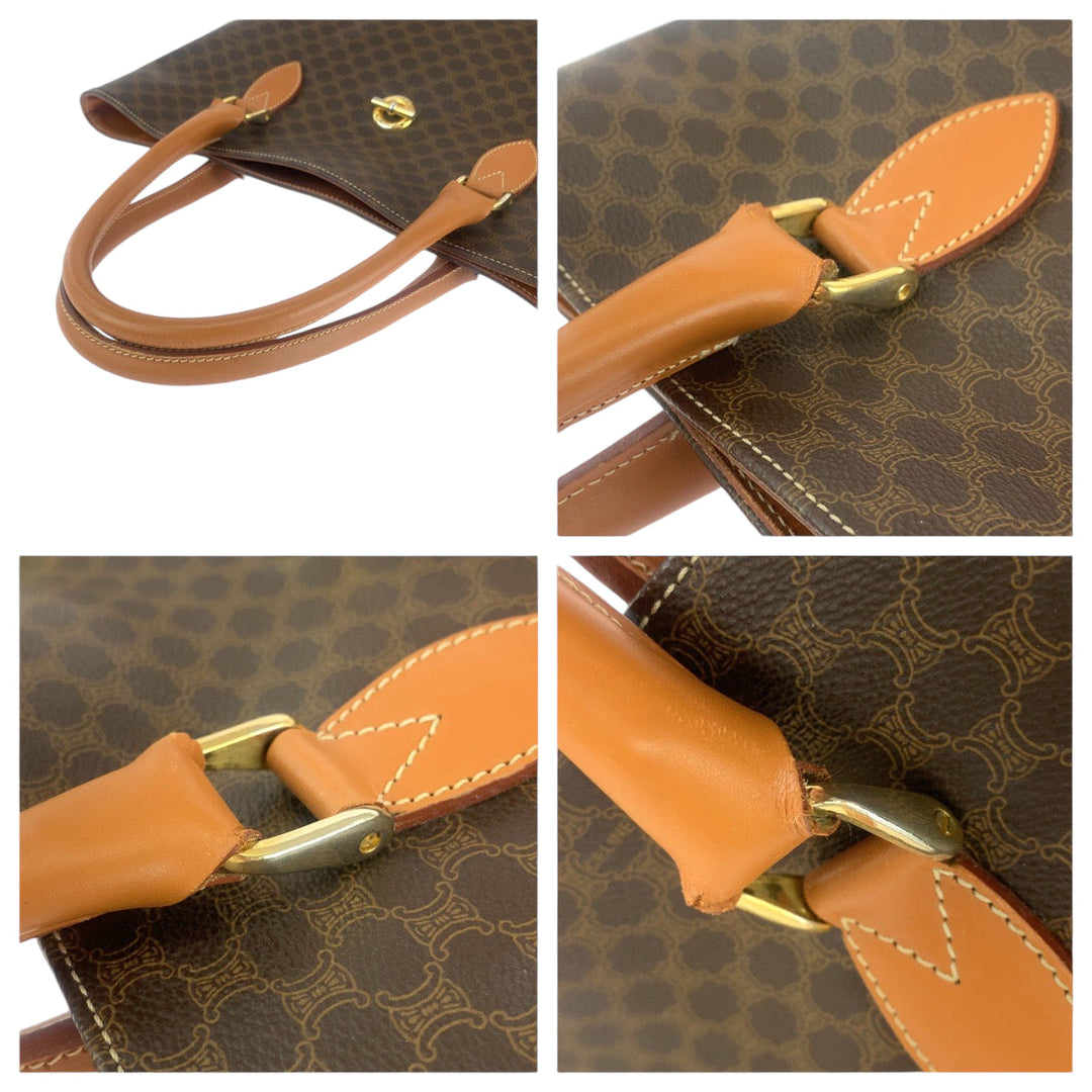 CELINE Tote Bag CE06 2 PVC Brown Gold Metal Tote Bag Shoulder Bag Macadam Pattern Women Used Authentic
