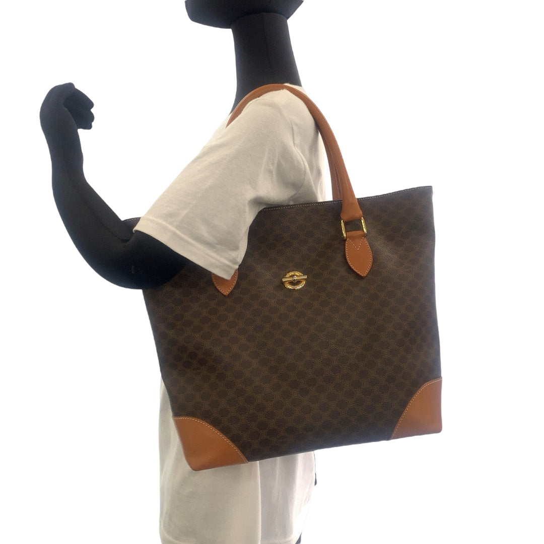 CELINE Tote Bag CE06 2 PVC Brown Gold Metal Tote Bag Shoulder Bag Macadam Pattern Women Used Authentic