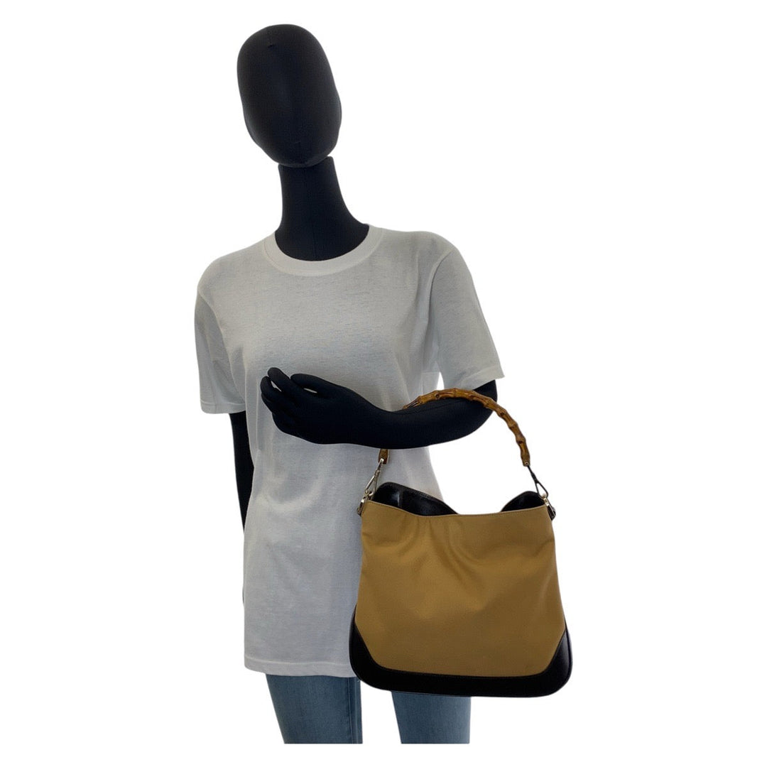 GUCCI Shoulder Bag 1.4095 Canvas, Leather Beige Gold Metal Hobo Shoulder Bag Handbag Shelly Line Bamboo Women Used Authentic