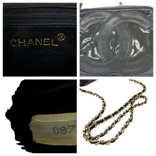 CHANEL Shoulder Bag Patent leather Black Gold Metal ChainShoulder Bag Pochette Camera Bag Big COCO Mark Tassel Fringe Women Used Authentic