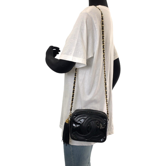 CHANEL Shoulder Bag Patent leather Black Gold Metal ChainShoulder Bag Pochette Camera Bag Big COCO Mark Tassel Fringe Women Used Authentic