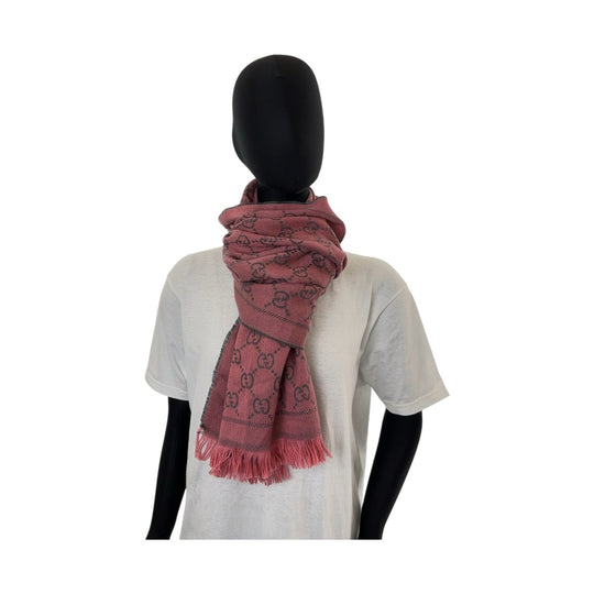 GUCCI Scarf wool Pink gray Muffler stall shawl GG pattern Women Used Authentic