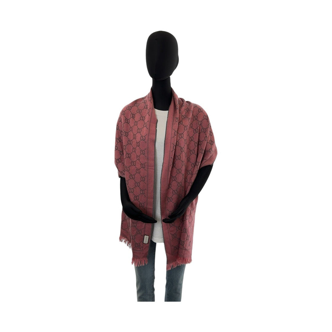 GUCCI Scarf wool Pink gray Muffler stall shawl GG pattern Women Used Authentic