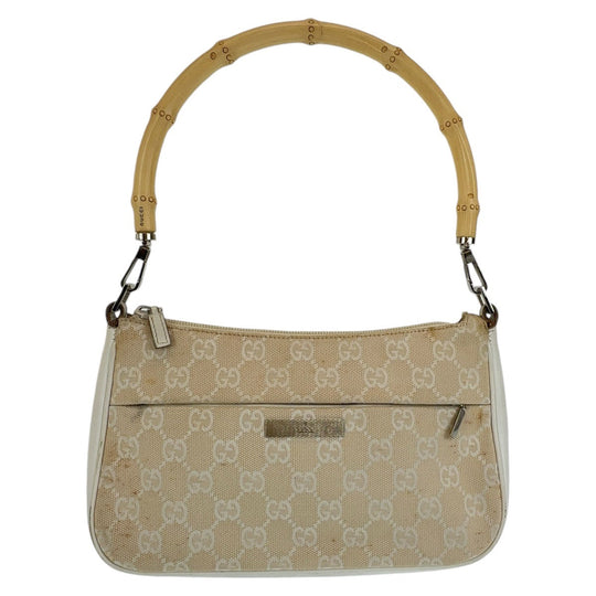 GUCCI Shoulder Bag 001 3870 GG canvas, leather White Beige SilverMetal Shoulder Bag Handbag Accessory Pouch Bamboo Women Used Authentic