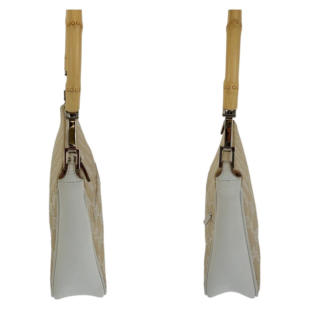 GUCCI Shoulder Bag 001 3870 GG canvas, leather White Beige SilverMetal Shoulder Bag Handbag Accessory Pouch Bamboo Women Used Authentic