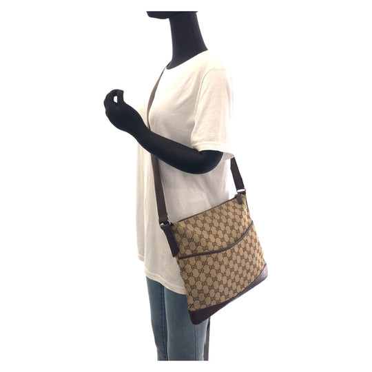 GUCCI Shoulder Bag 145857 GG canvas, leather Brown Beige Gold Metal Shoulder Bag Messenger bag Women Used Authentic