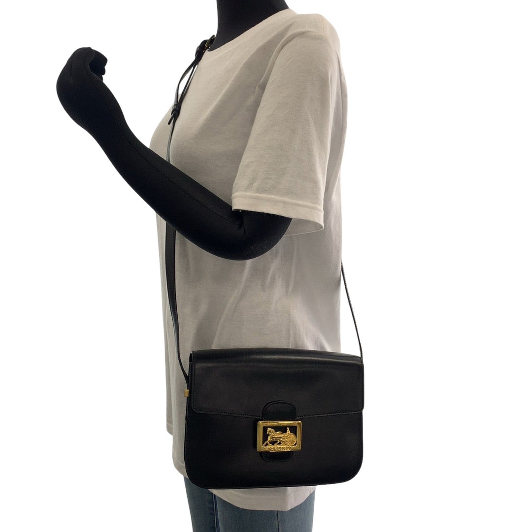 CELINE Shoulder Bag leather Black GoldMetal Shoulder Bag Crossbody Horse Carriage Women Used Authentic