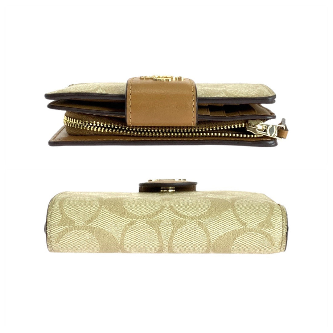 COACH Bifold Wallet leather Beige Brown Gold Metal Folding Wallet Compact Wallet Signature Women Used Authentic