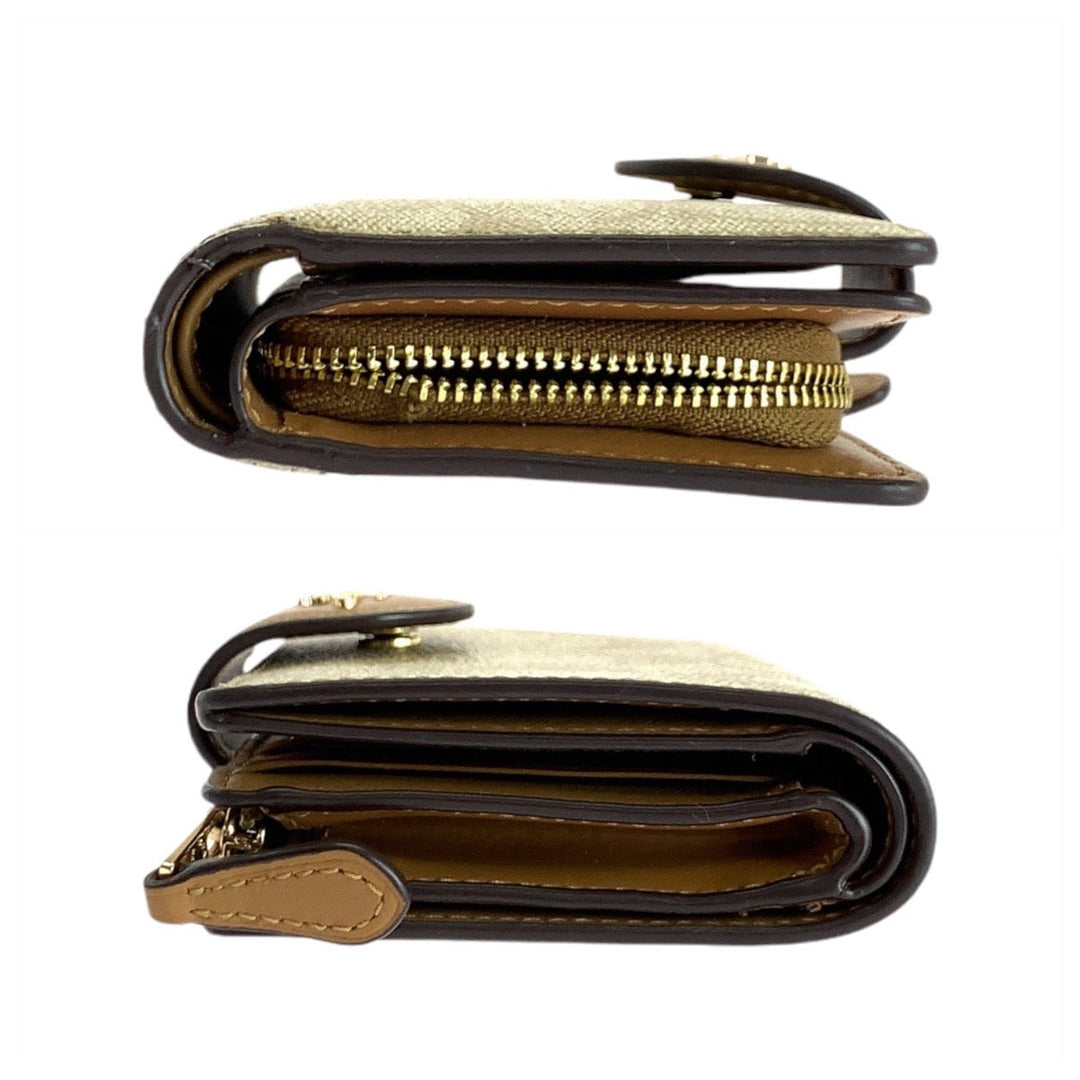 COACH Bifold Wallet leather Beige Brown Gold Metal Folding Wallet Compact Wallet Signature Women Used Authentic