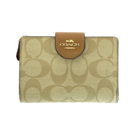 COACH Bifold Wallet leather Beige Brown Gold Metal Folding Wallet Compact Wallet Signature Women Used Authentic