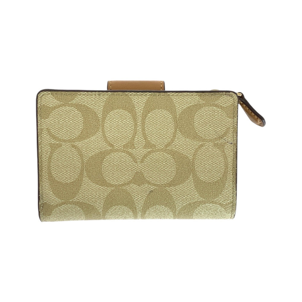 COACH Bifold Wallet leather Beige Brown Gold Metal Folding Wallet Compact Wallet Signature Women Used Authentic
