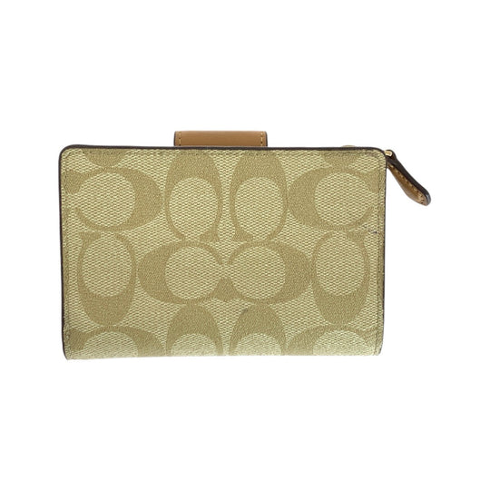 COACH Bifold Wallet leather Beige Brown Gold Metal Folding Wallet Compact Wallet Signature Women Used Authentic