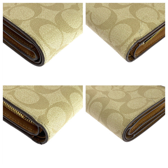 COACH Bifold Wallet leather Beige Brown Gold Metal Folding Wallet Compact Wallet Signature Women Used Authentic