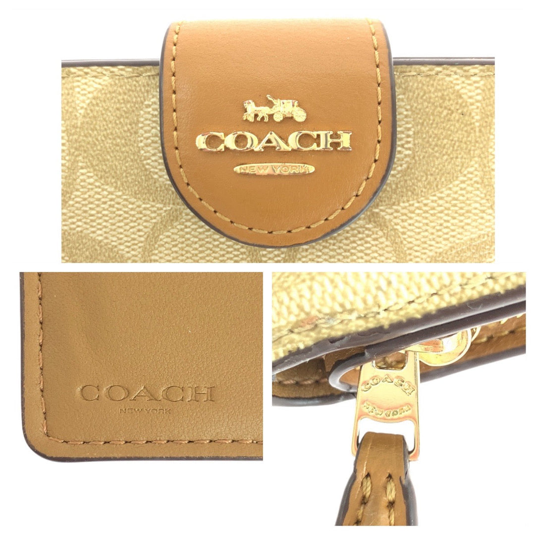 COACH Bifold Wallet leather Beige Brown Gold Metal Folding Wallet Compact Wallet Signature Women Used Authentic