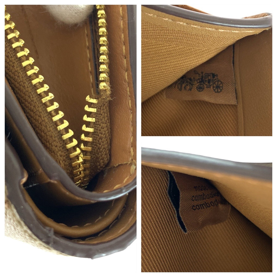 COACH Bifold Wallet leather Beige Brown Gold Metal Folding Wallet Compact Wallet Signature Women Used Authentic