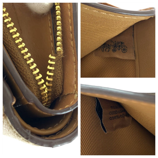 COACH Bifold Wallet leather Beige Brown Gold Metal Folding Wallet Compact Wallet Signature Women Used Authentic