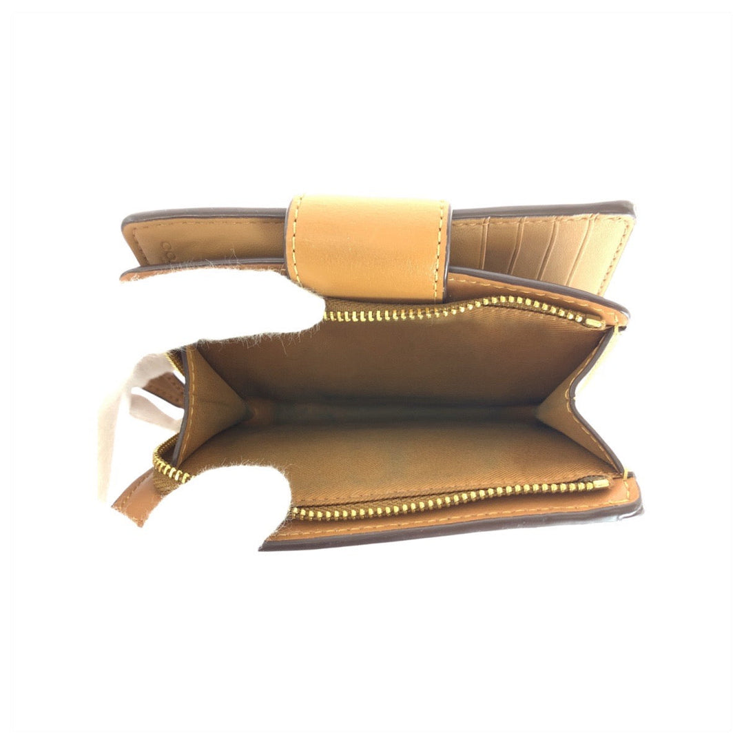 COACH Bifold Wallet leather Beige Brown Gold Metal Folding Wallet Compact Wallet Signature Women Used Authentic