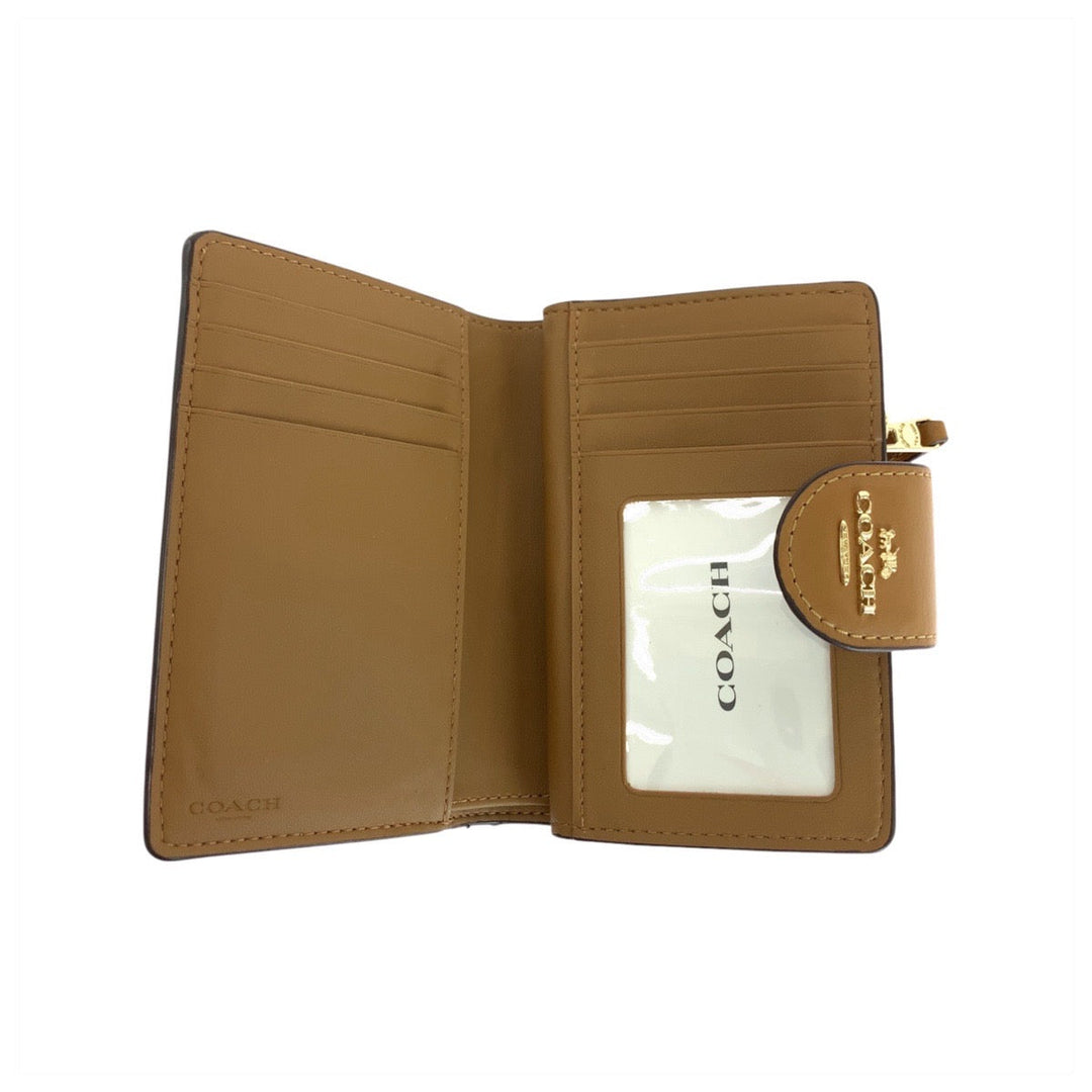 COACH Bifold Wallet leather Beige Brown Gold Metal Folding Wallet Compact Wallet Signature Women Used Authentic