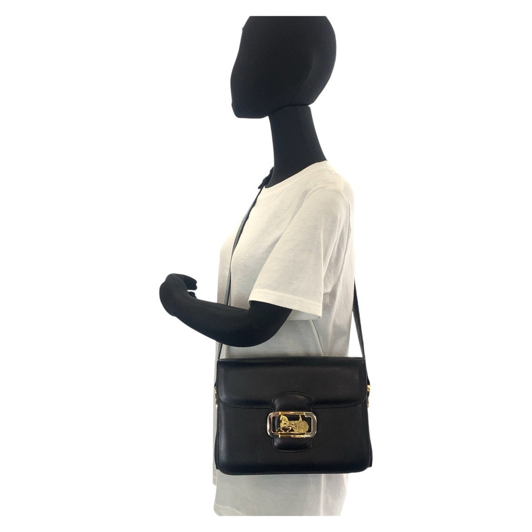CELINE Shoulder Bag leather Black GoldMetal Crossbody Shoulder Bag Messenger Bag Horse Carriage Metal Women Used Authentic