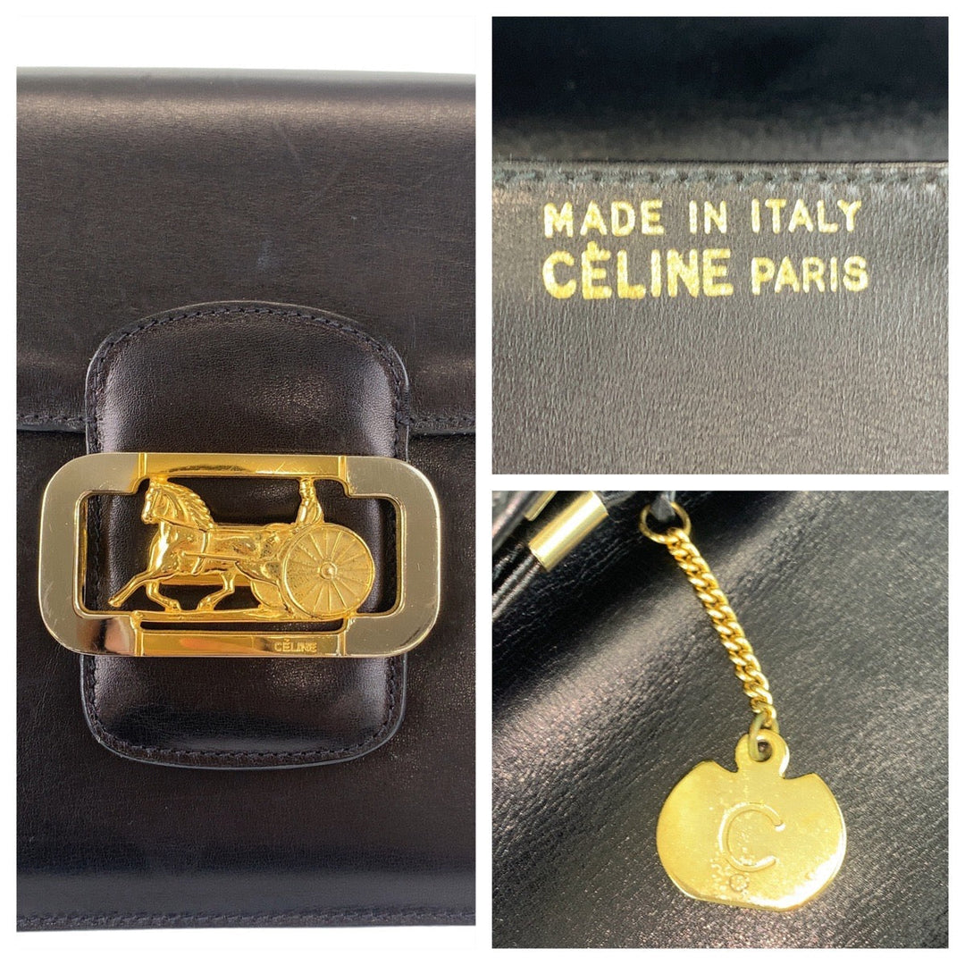 CELINE Shoulder Bag leather Black GoldMetal Crossbody Shoulder Bag Messenger Bag Horse Carriage Metal Women Used Authentic
