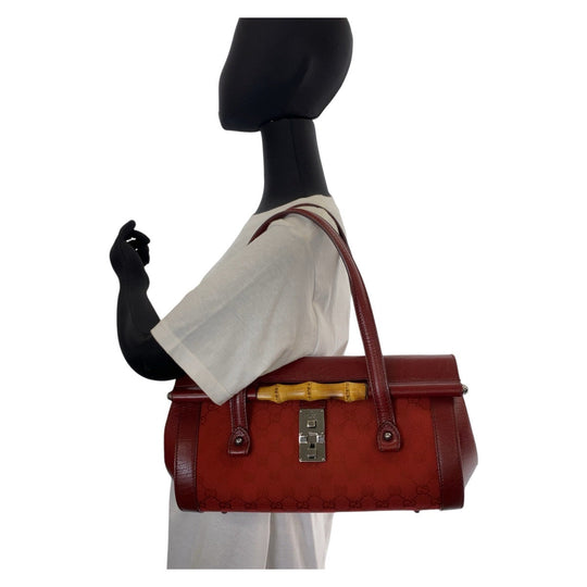 GUCCI Shoulder Bag 111713 GG canvas, leather Red Silver Metal Shoulder Bag Bamboo Women Used Authentic