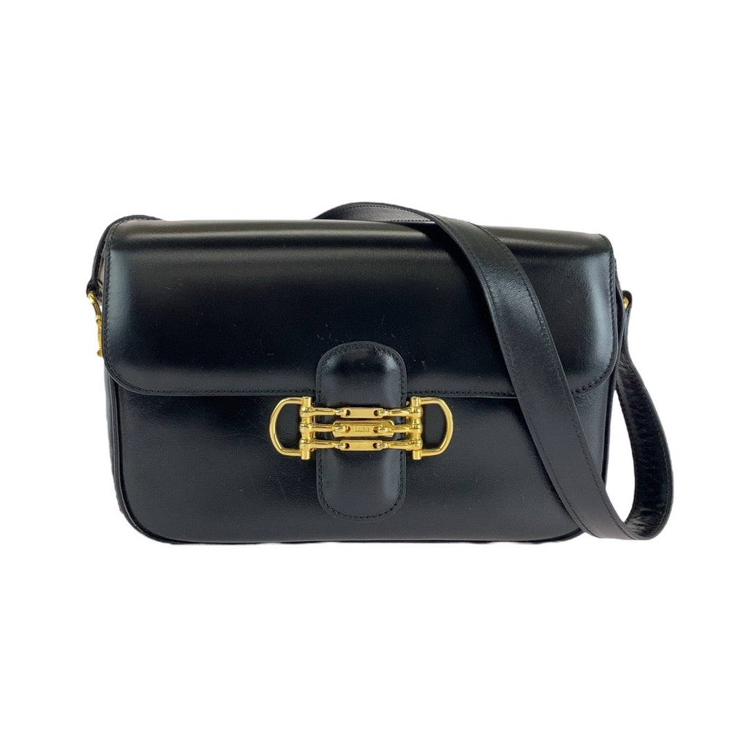 CELINE Shoulder Bag leather Black Gold Metal Shoulder Bag pochette Horsebit Women Used Authentic