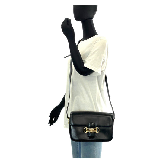 CELINE Shoulder Bag leather Black Gold Metal Shoulder Bag pochette Horsebit Women Used Authentic