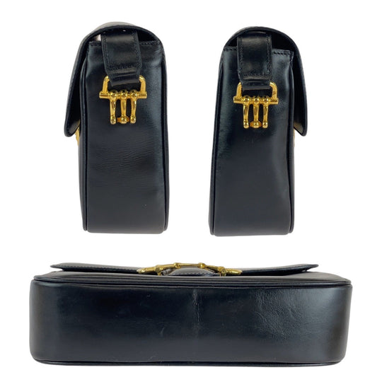 CELINE Shoulder Bag leather Black Gold Metal Shoulder Bag pochette Horsebit Women Used Authentic