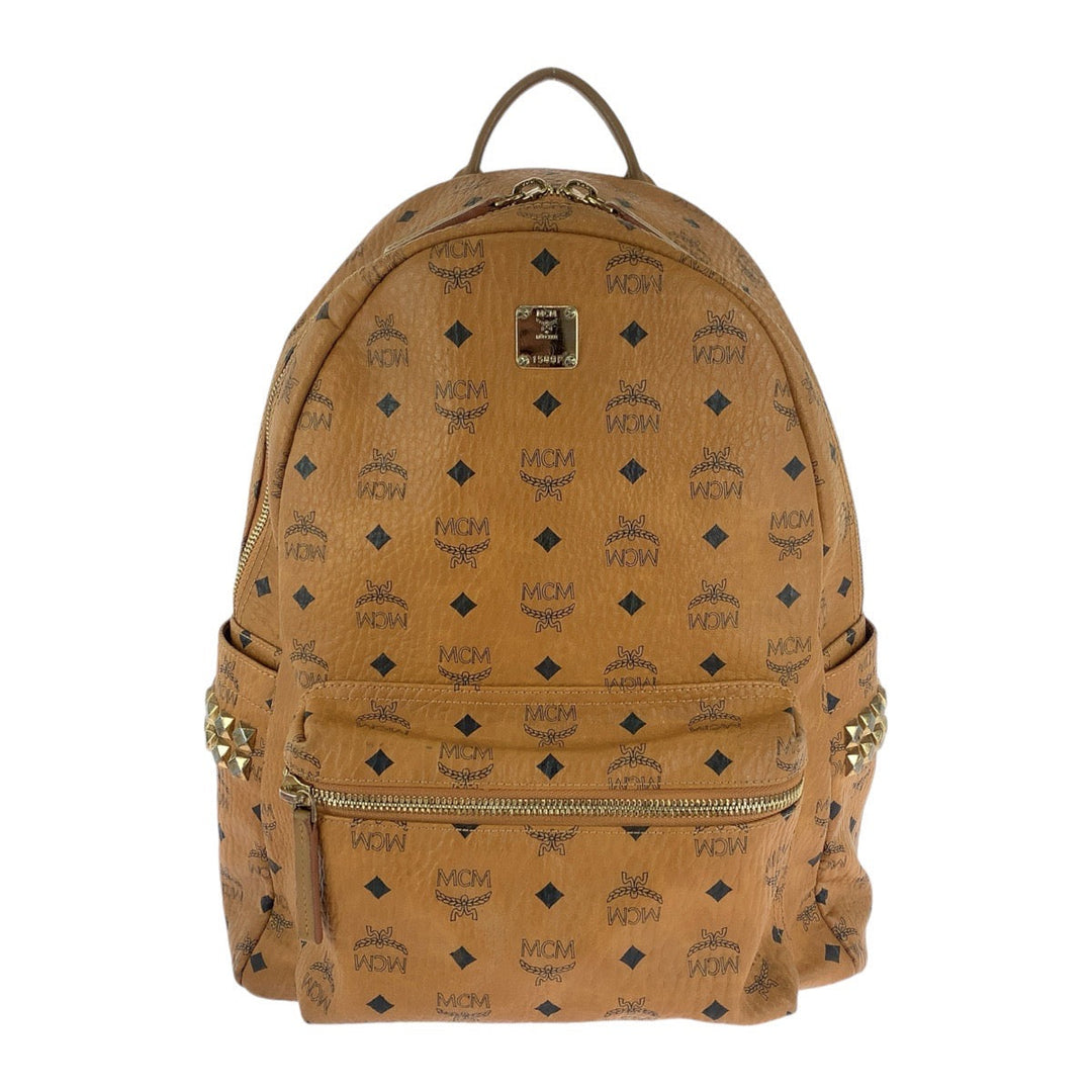 MCM Backpack leather cognac Backpack Unisex Vicetos Side studs Women Used Authentic