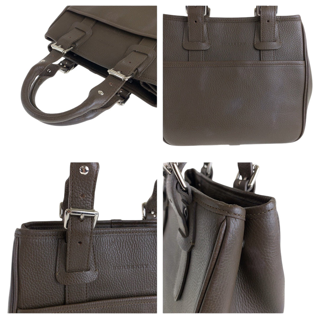 BURBERRY Handbag leather Brown Silver Metal Handbag Shoulder Bag Medium Check Pattern Women Used Authentic