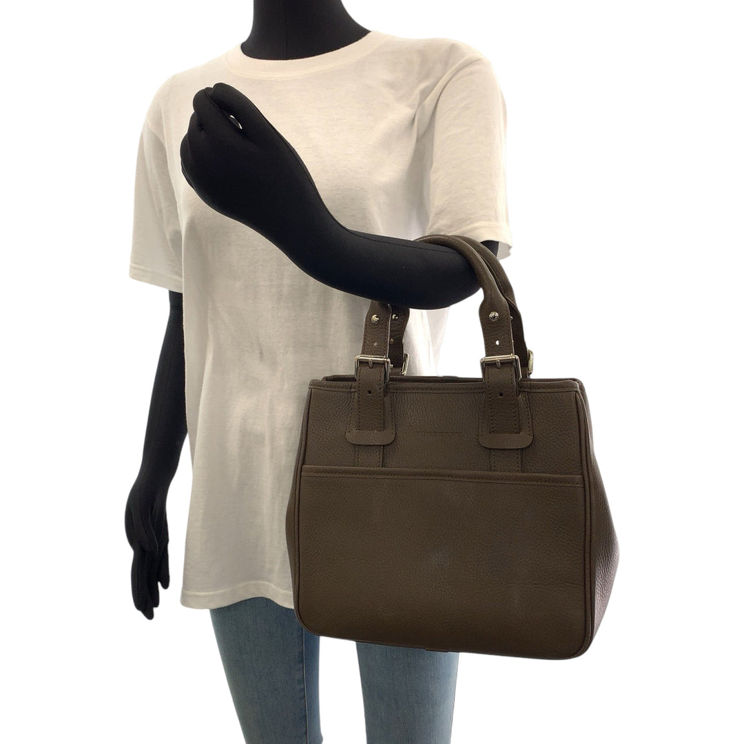 BURBERRY Handbag leather Brown Silver Metal Handbag Shoulder Bag Medium Check Pattern Women Used Authentic