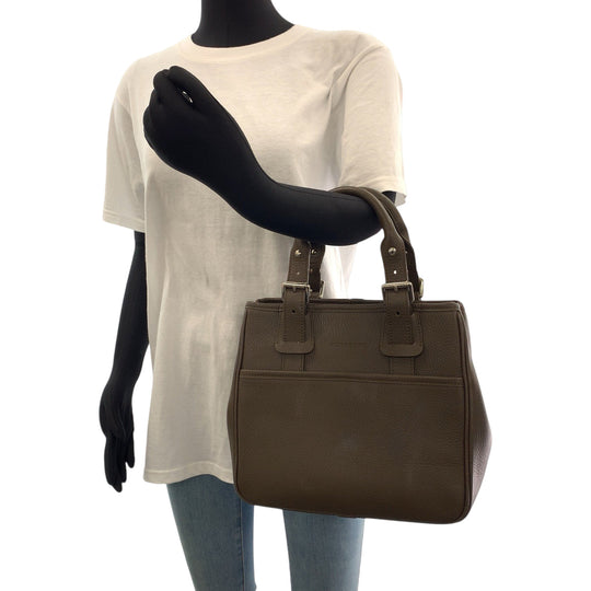 BURBERRY Handbag leather Brown Silver Metal Handbag Shoulder Bag Medium Check Pattern Women Used Authentic