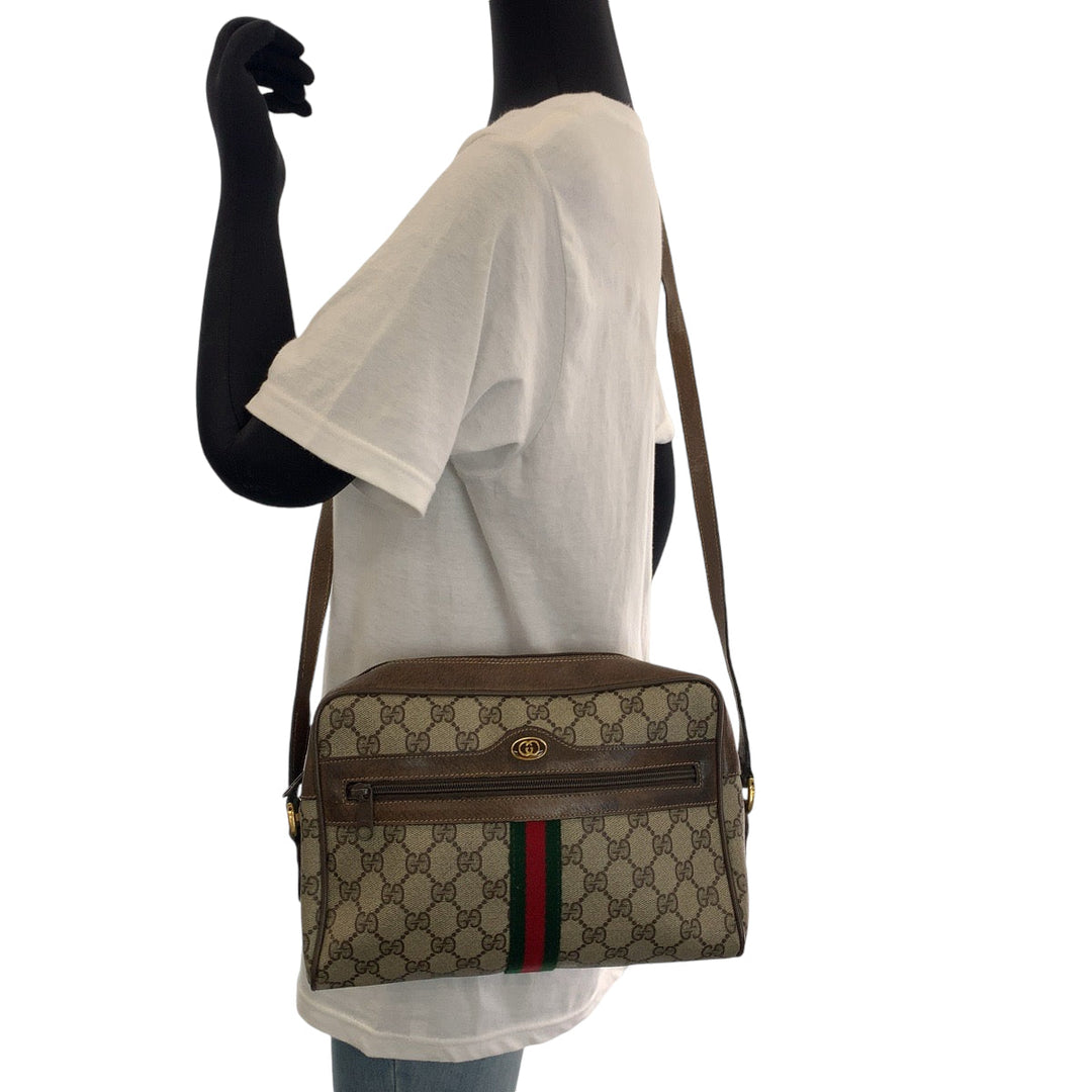 GUCCI Shoulder Bag 14 02 005 GG Supreme Canvas Beige Brown Gold Metal Shoulder Bag pochette Old Gucci Shelly Line Women Used Authentic