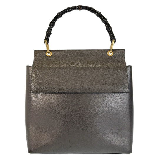 GUCCI Handbag leather Grey GoldMetal Handbag Shoulder Bag Bamboo Women Used Authentic