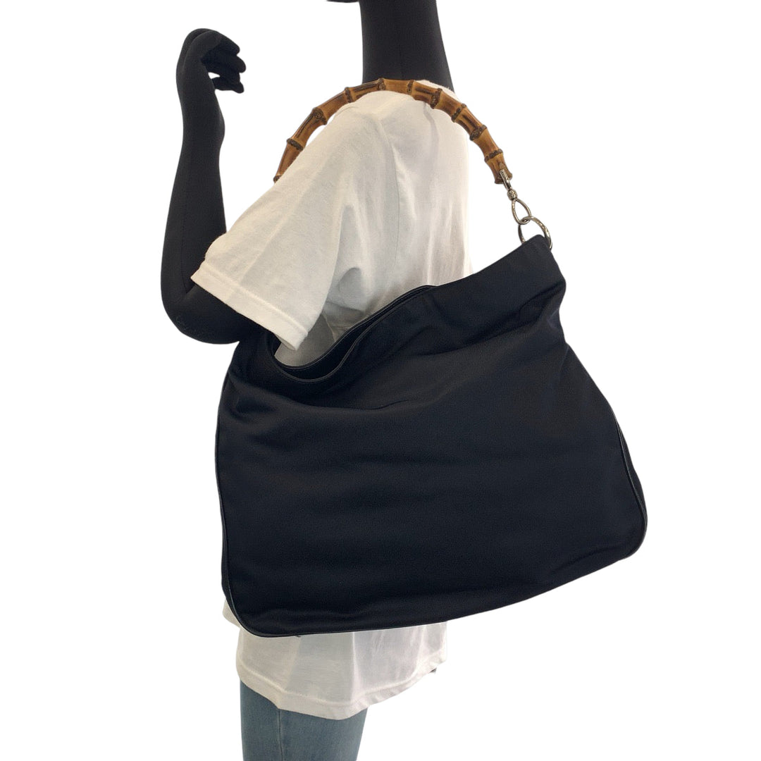 GUCCI Shoulder Bag 001 1705 1577 canvas Dark navy brown Shoulder Bag Handbag 2way Bamboo Women Used Authentic