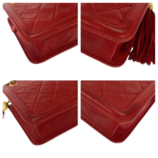 CHANEL Shoulder Bag lambskin Red Gold Metal ChainShoulder Bag Shoulder Matrasse COCO Mark Fringe Women Used Authentic