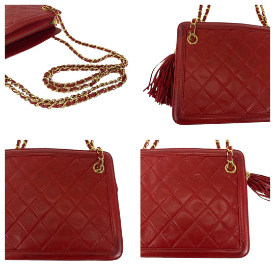 CHANEL Shoulder Bag lambskin Red Gold Metal ChainShoulder Bag Shoulder Matrasse COCO Mark Fringe Women Used Authentic