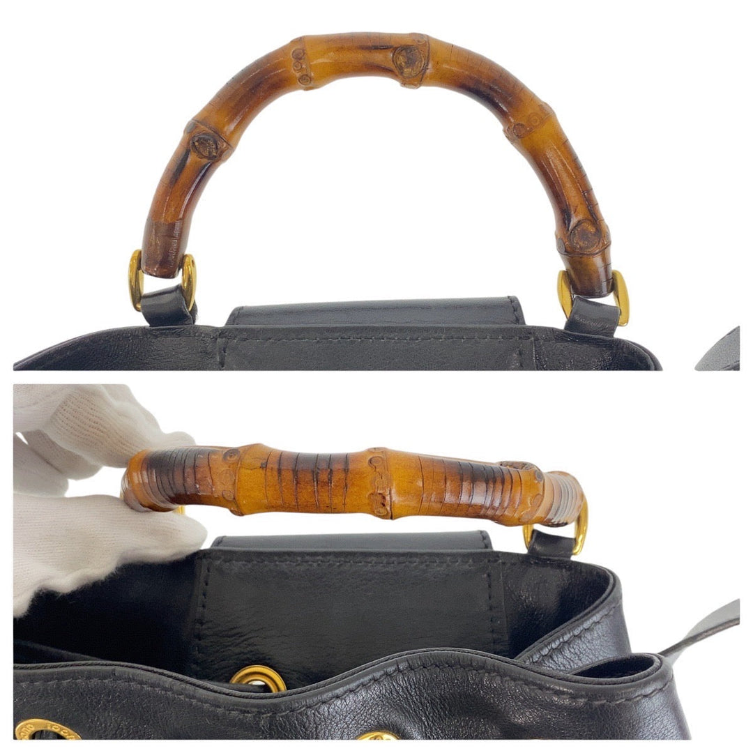 GUCCI Shoulder Bag 003 203 0036 leather Black Gold Metal Shoulder Bag Sling bag Unisex Bamboo Women Used Authentic