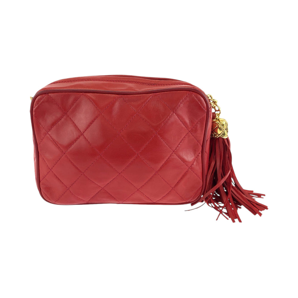 CHANEL Shoulder Bag lambskin Red Gold Metal Shoulder Bag Shoulder Bag Matrasse COCO Mark fringe tassel Women Used Authentic