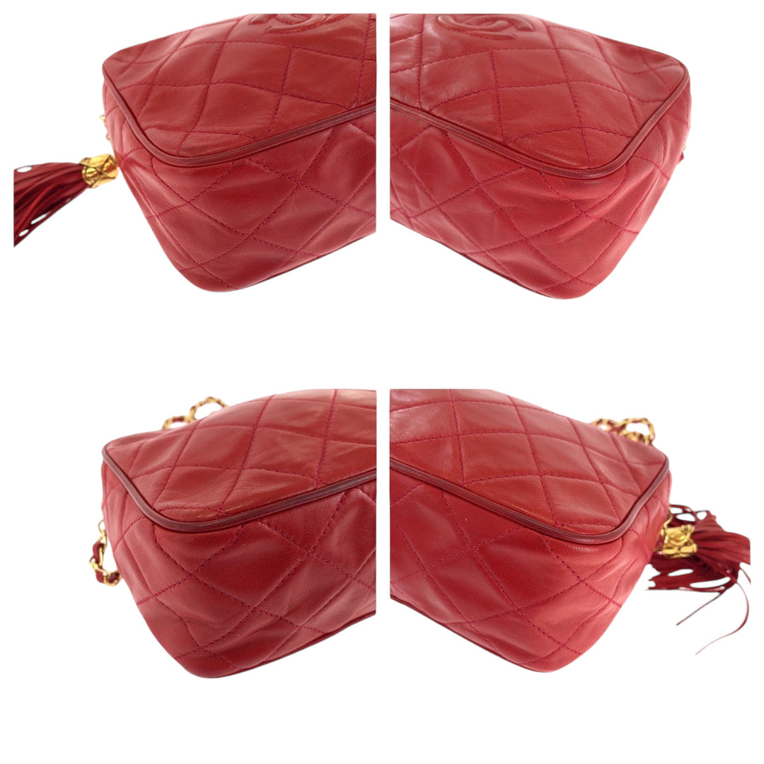 CHANEL Shoulder Bag lambskin Red Gold Metal Shoulder Bag Shoulder Bag Matrasse COCO Mark fringe tassel Women Used Authentic