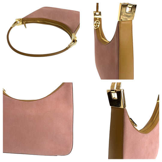 GUCCI Shoulder Bag 001 3812 Suede Pink Brown Gold Metal Hobo Shoulder Bag Women Used Authentic