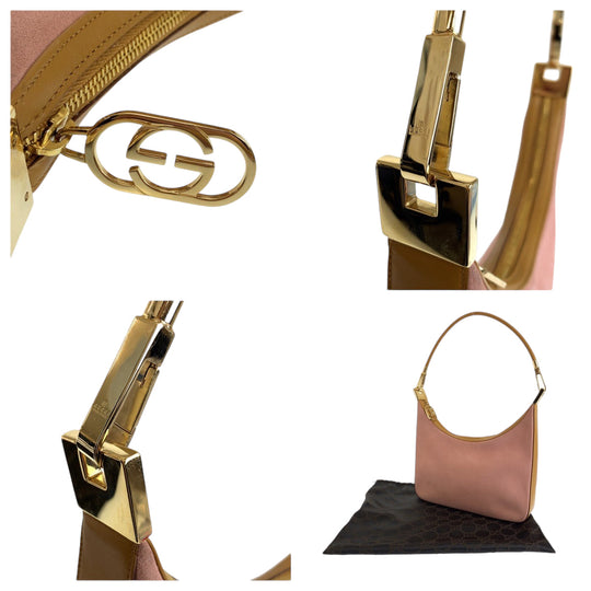 GUCCI Shoulder Bag 001 3812 Suede Pink Brown Gold Metal Hobo Shoulder Bag Women Used Authentic