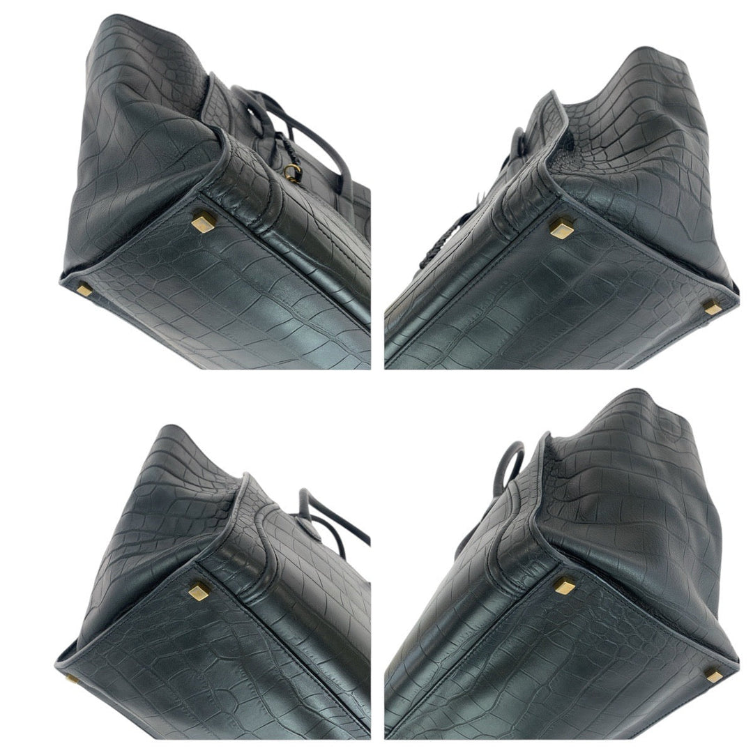 CELINE Tote Bag leather Black Gold Metal Tote Bag handbag Luggage phantom Embossing Women Used Authentic