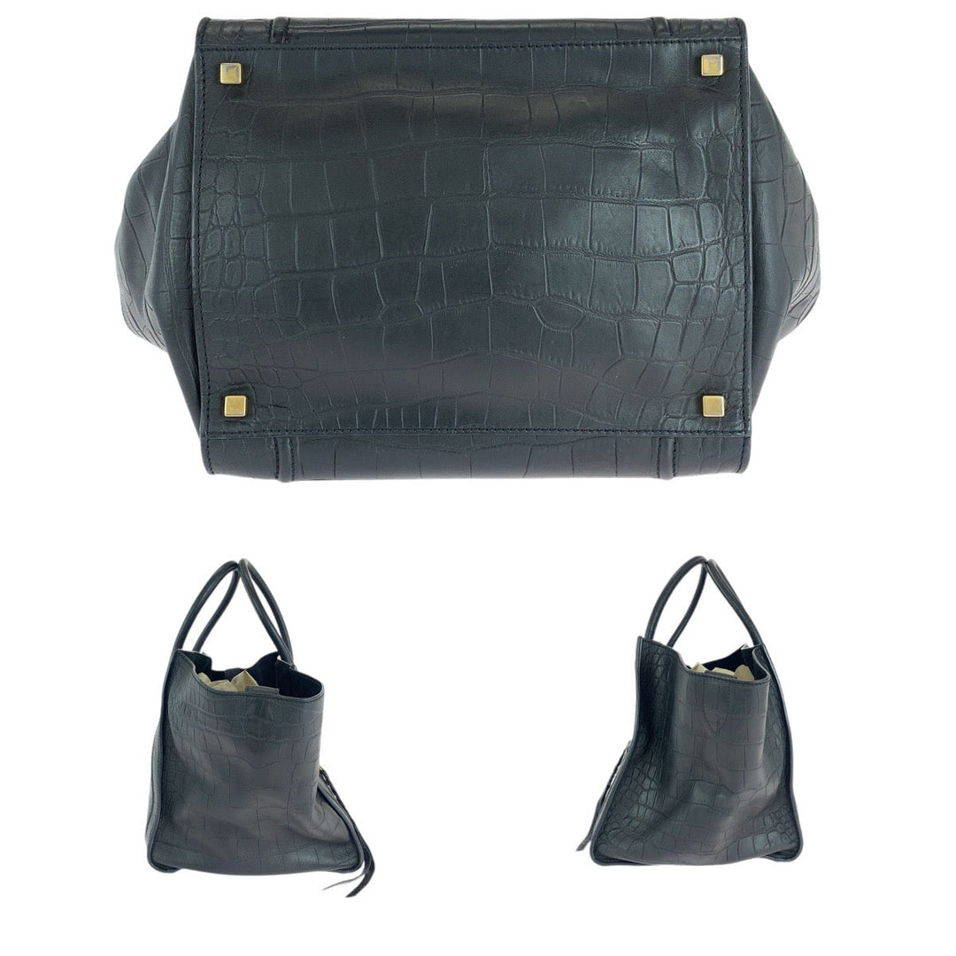 CELINE Tote Bag leather Black Gold Metal Tote Bag handbag Luggage phantom Embossing Women Used Authentic