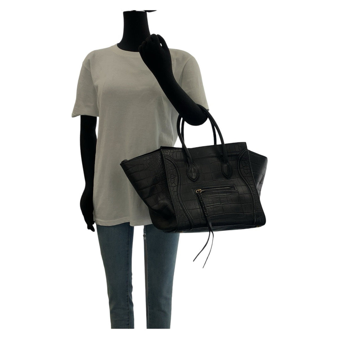 CELINE Tote Bag leather Black Gold Metal Tote Bag handbag Luggage phantom Embossing Women Used Authentic