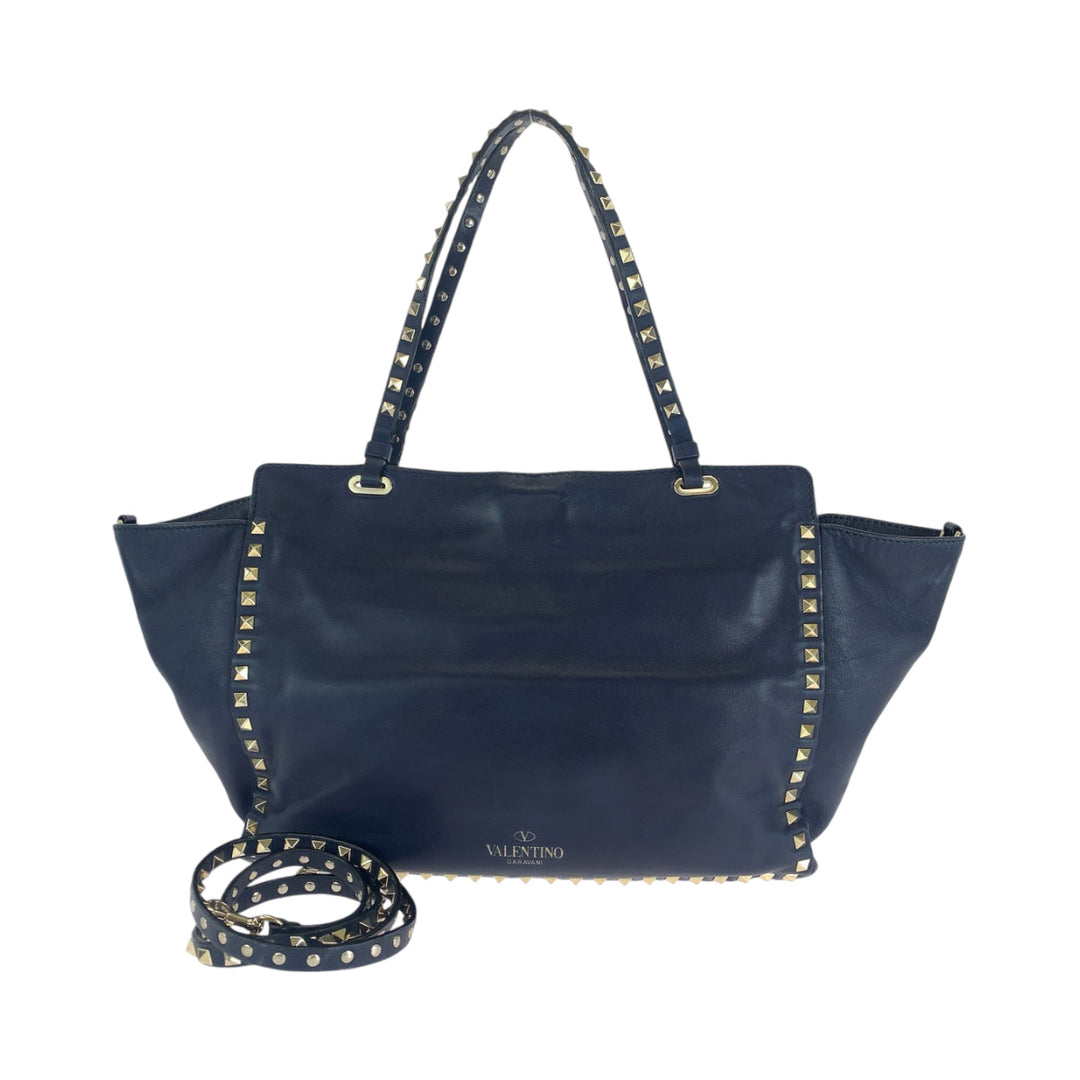 VALENTINO Shoulder Bag leather Navy Gold Metal Shoulder Bag handbag Rock studs Women Used Authentic